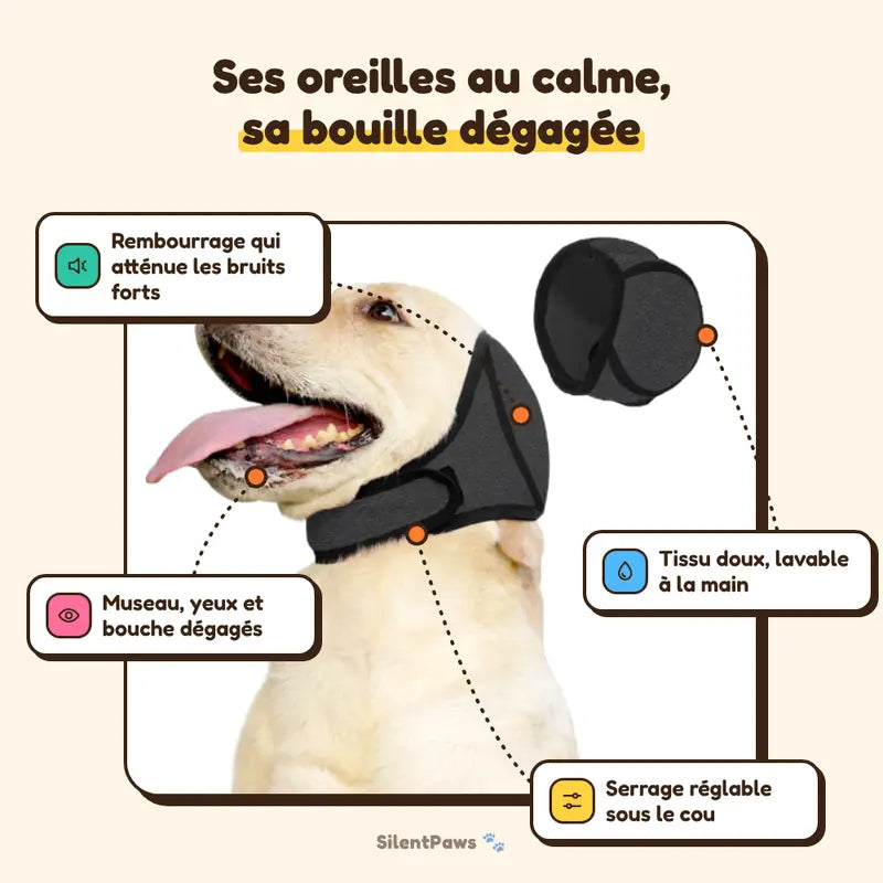 Les atouts du cache-oreilles : rembourrage qui atténue les bruits forts, museau et yeux dégagés, serrage réglable, tissu doux lavable