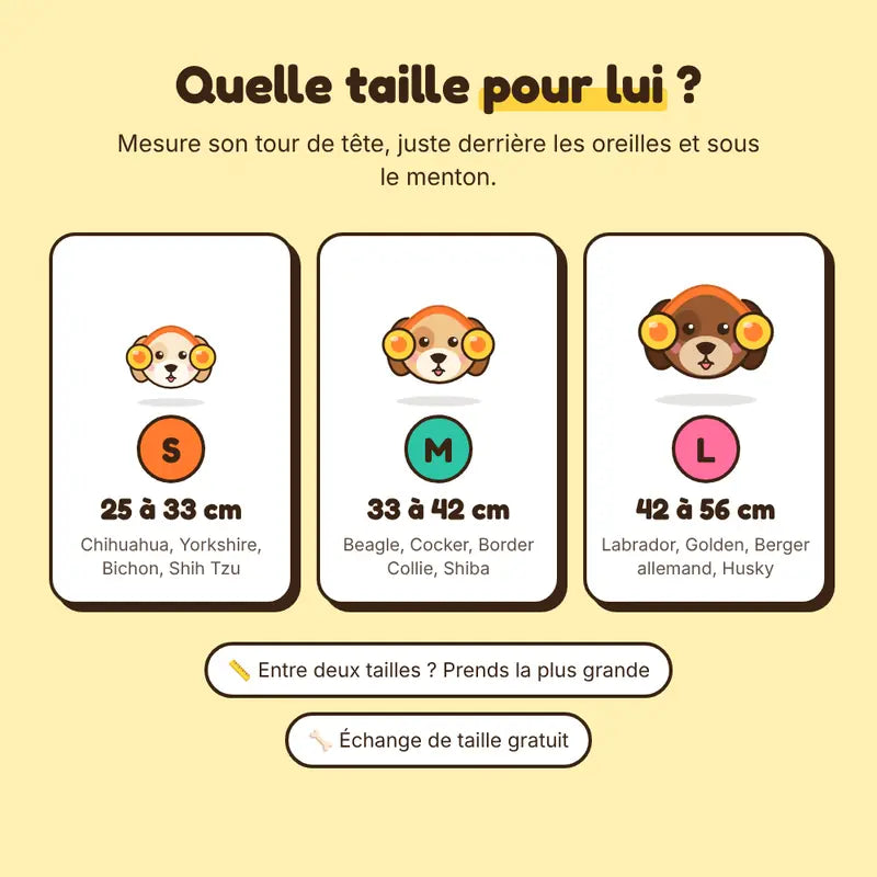 Guide des tailles du cache-oreilles : S de 25 à 33 cm, M de 33 à 42 cm, L de 42 à 56 cm de tour de tête